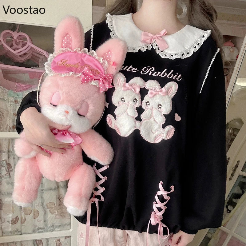 Japanese Sweet Lolita Style Skirt Sets Women Kawaii Bow Cartoon Bunny Off Shoulder Hoodie Cake Mini Skirt Suit Cute Y2k Outifits