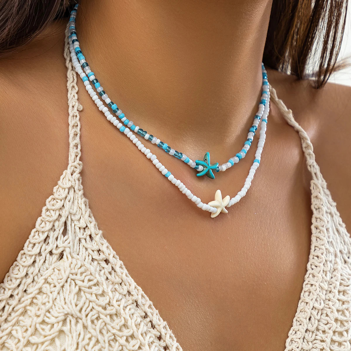 KunJoe Bohemian Halsketten-Set mit Seesternanhänger aus gemischten Reisperlen in verschiedenen Farben für Damen und Herren – modischer Strand-Choker, Schlüsselbeinschmuck