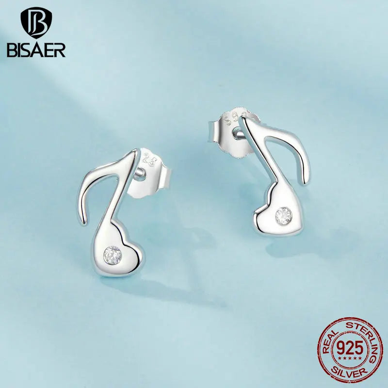Boucles d'oreilles à tige en argent sterling 925 BISAER en forme de mini cœur plaqué or blanc pour les amateurs de musique, design original, bijoux fins