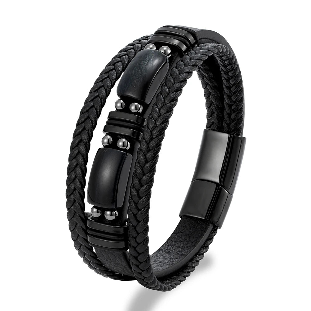 MKENDN Natural Tiger Eye Stone Men Bracelet Handmade MultiLayer Braided Leather Bangles Black Stainless Steel Jewelry