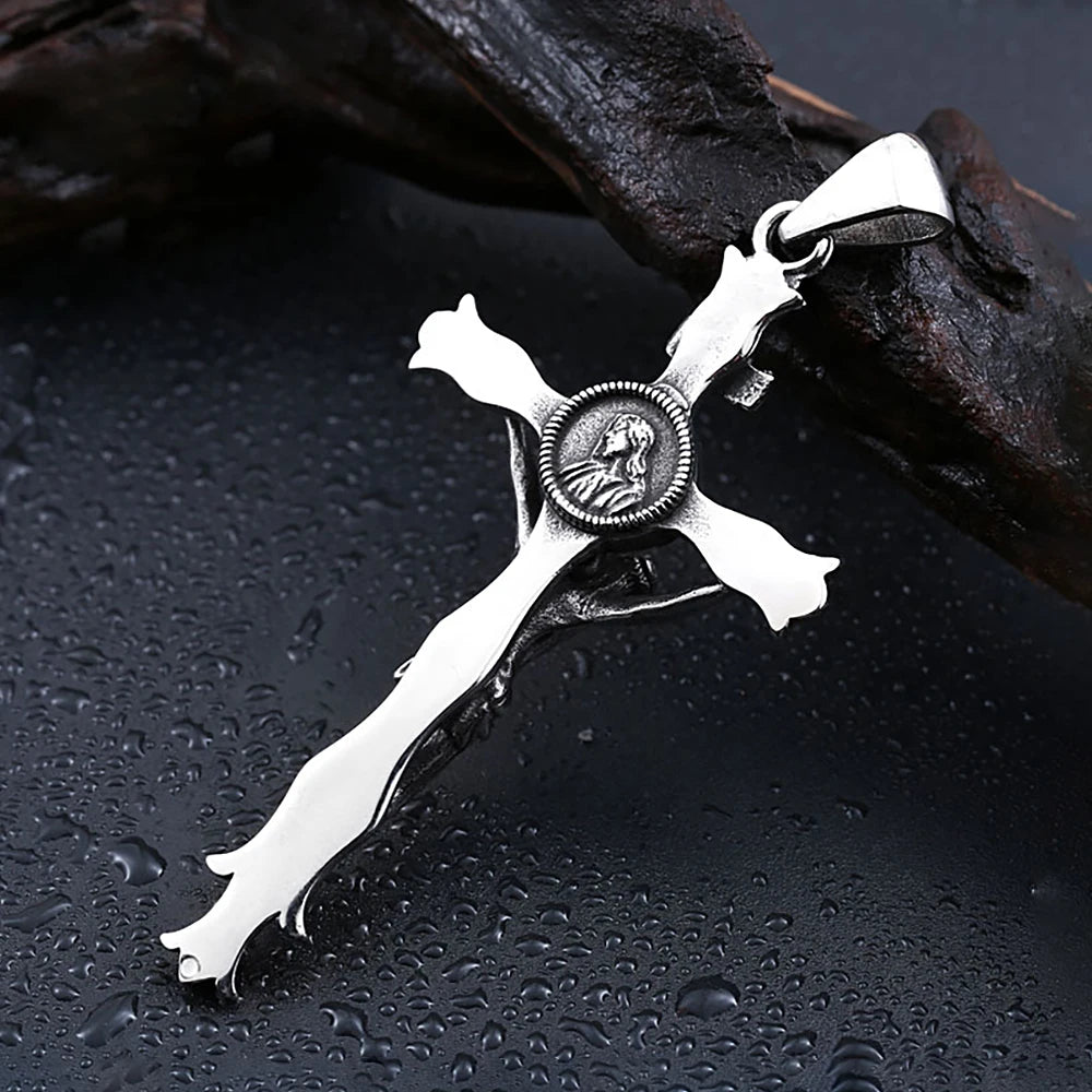 New Vintage Jesus Cross Pendant Necklace For Men Stainless Steel Punk Cross Religious Necklaces Fashion Amulet Jewelry Wholesale