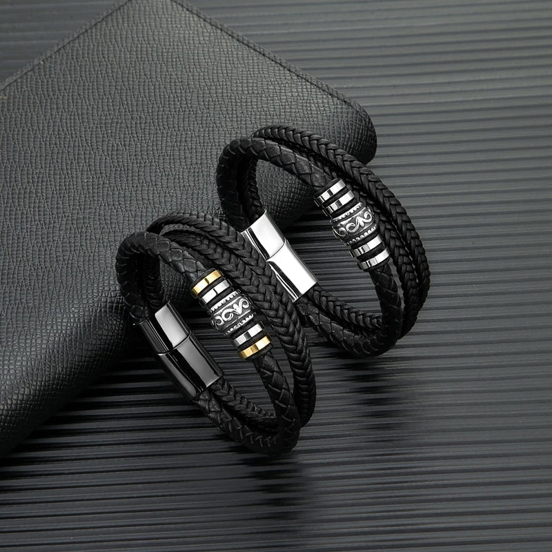 MKENDN Punk Men Multilayer Woven Genuine Leather Bracelet Black Stainless Steel Rune Magnetic Buckle Bracelet Homme Pulseras