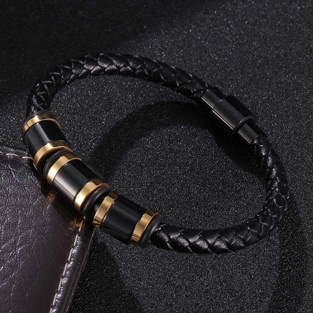 MKENDN Punk Beads Charm Men Bracelet Stainless Steel Magnetic Clasp Braided Leather Wrapping Bangles Man Jewelry Gift