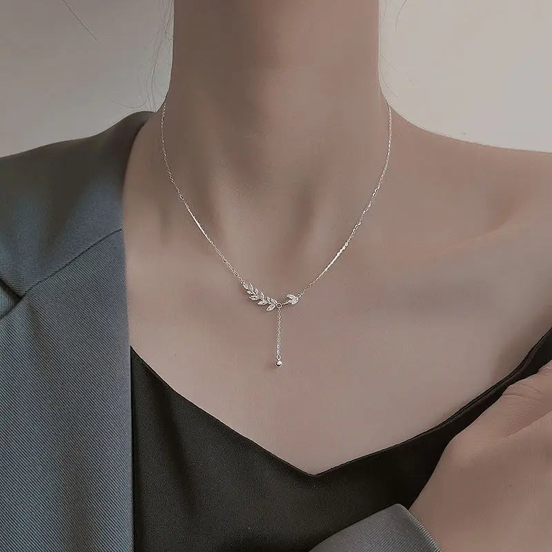 925 Sterling Silver Tree Branch Necklace Simple Charm Zirconia Botanical Pendant Choker Birthday Party Gift Ladies Fine Jewelry