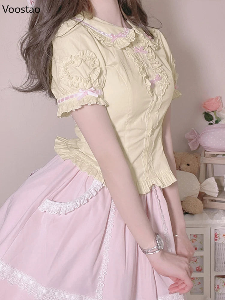 Japanese Sweet Lolita Blouses Women Kawaii Peter Pan Collar Puff Sleeve JK Cotton Shirts Girls Harajuku Cute Bow Blusas Mujer