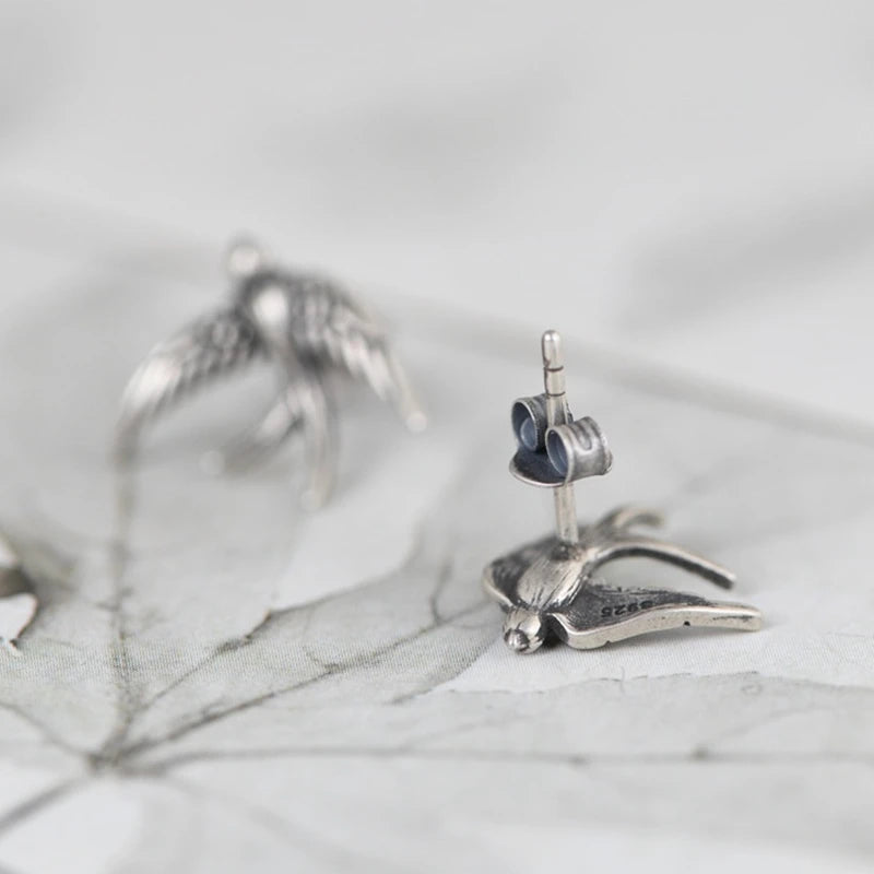 MKENDN 100% 925 Sterling Silver Creative Retro Swallow Stud Earring Punk Street Style Ear Pin for Women Men Animal Jewelry