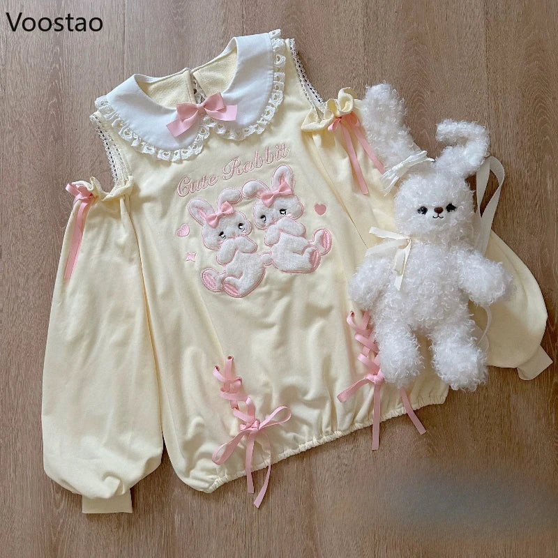 Japanese Sweet Lolita Style Skirt Sets Women Kawaii Bow Cartoon Bunny Off Shoulder Hoodie Cake Mini Skirt Suit Cute Y2k Outifits