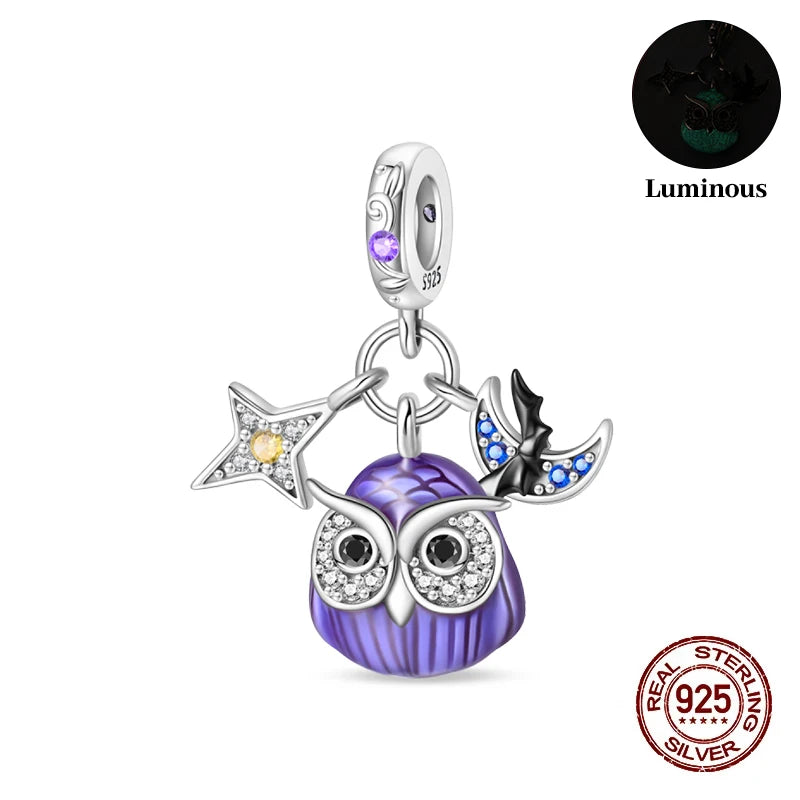 New 925 Sterling Silver Luminous Halloween Skull Witch Pumpkin Candy Charms Beads Fit 3mm Original Bracelets Party Jewelry