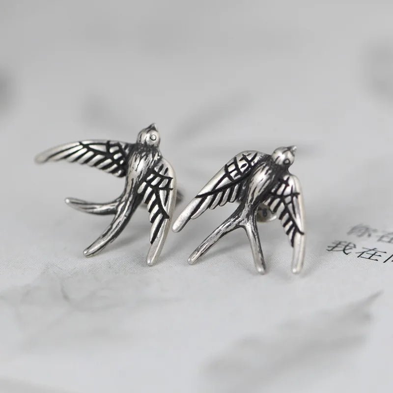 MKENDN 100% 925 Sterling Silver Creative Retro Swallow Stud Earring Punk Street Style Ear Pin for Women Men Animal Jewelry