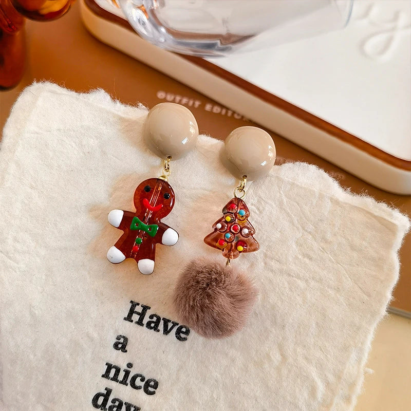 Christmas Snowflake Red Flocking Bowknot Drop Earrings for Women Xmas Cute Elk Snowman Hairball Long Earring Festival Jewelry