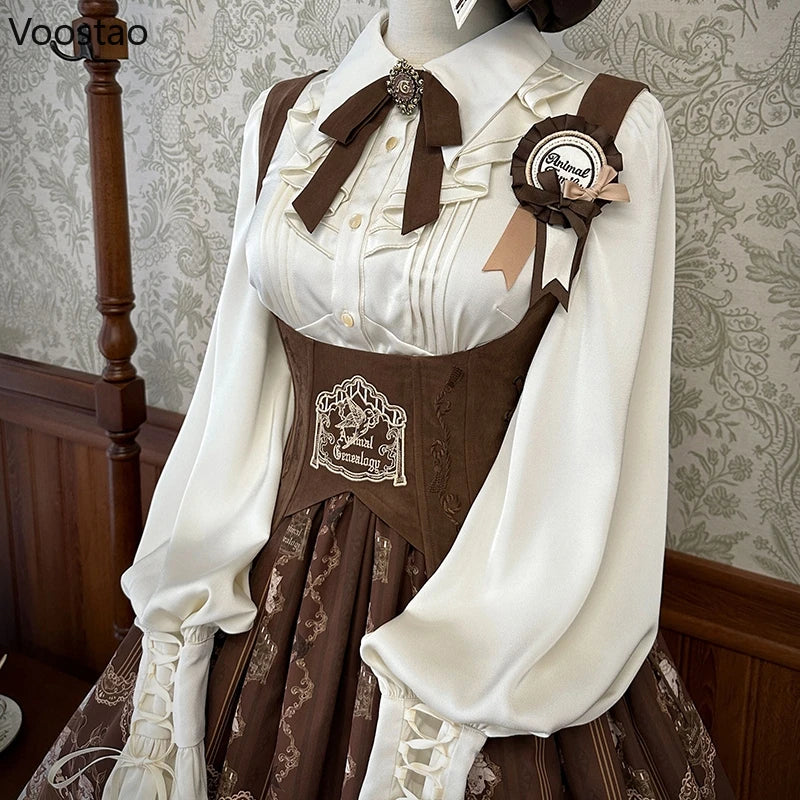 Victorian Gothic Lolita Shirts Women Japanese Vintage Y2k Ruffles Gigot Sleeve Slim Blouses Female Elegant Sweet Princess Shirts