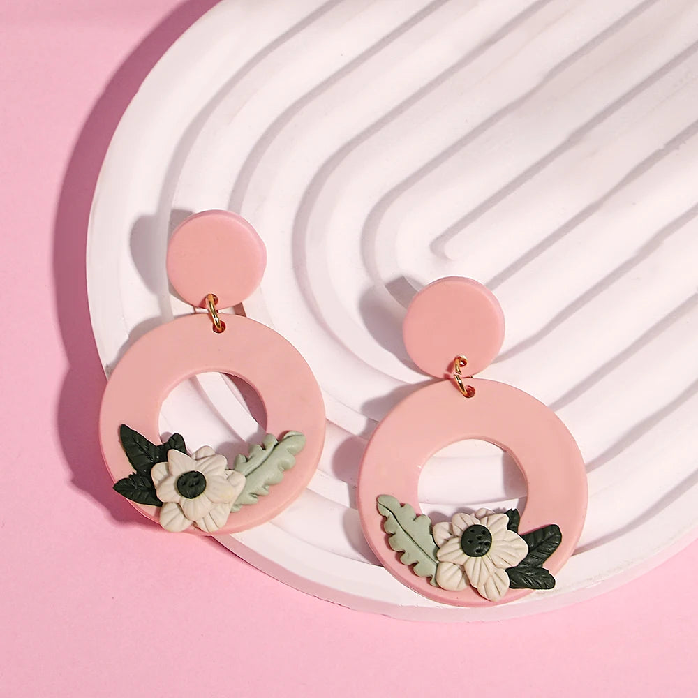 AENSOA Hollow Round Flower Earring For Women Polymer Clay Valentine's Day Girls Gift Heart Pattern Ear Accessories Jewelry INS