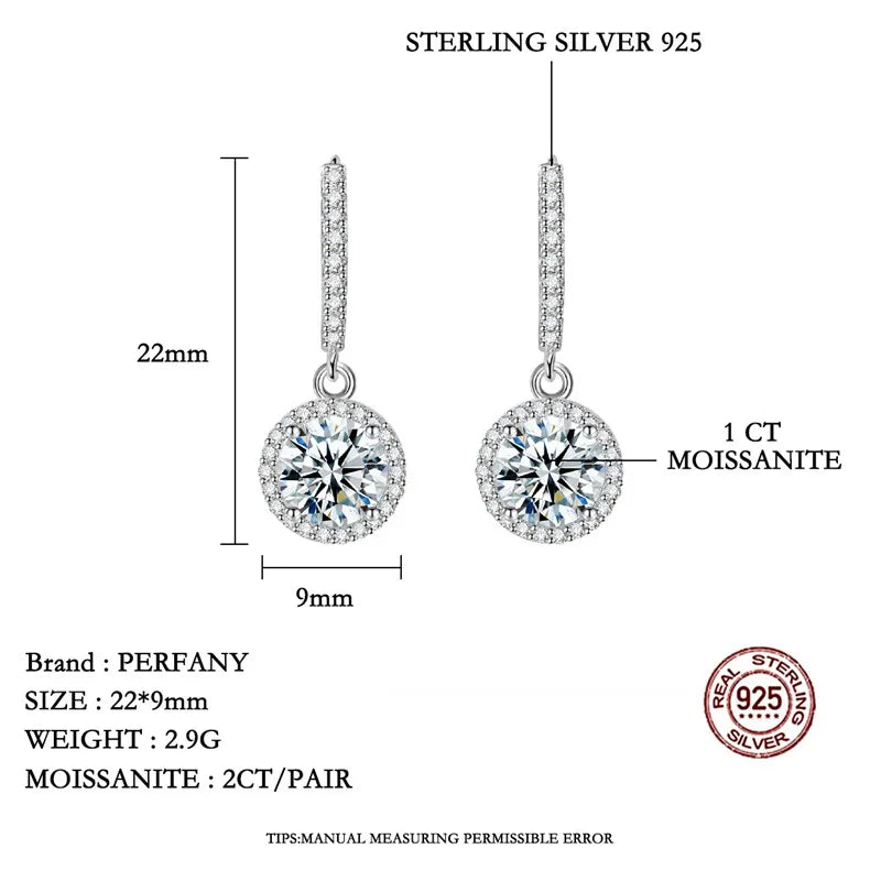 PERMANY 1CT Moissanite Earrings for Women S925 Pure Silver GRA Certified Diamond Round Drop Earrings Fashion Wedding Jewelry