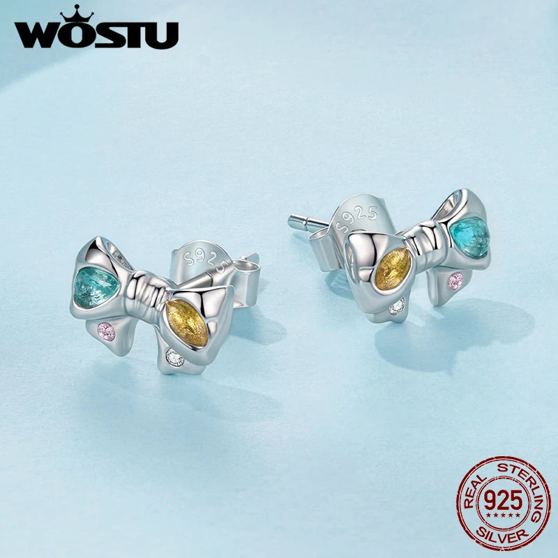 WOSTU Real 925 Sterling Silver Candy Colorful CZ Bow Stud Earrings For Women Sweet Ear Studs Birthday Gift For Girl