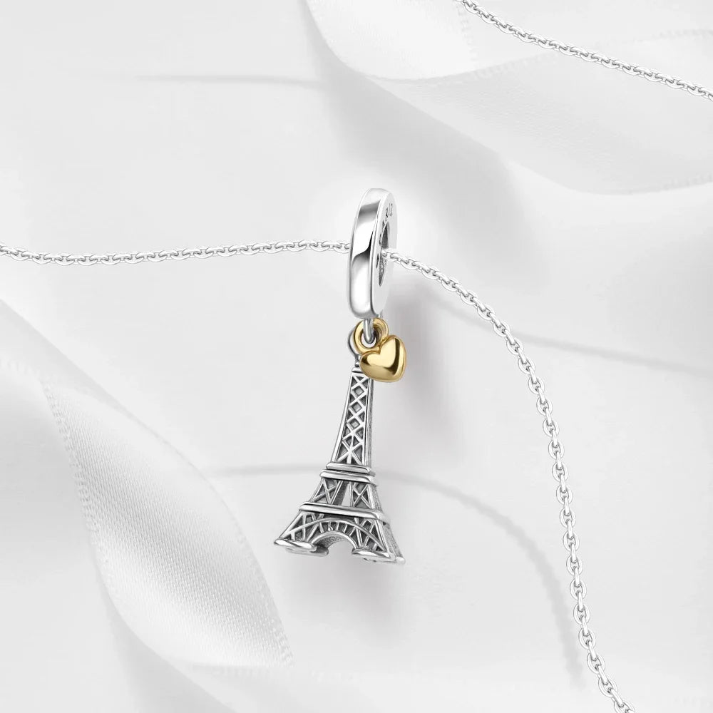 Creative 925 Sterling Silver Eiffel Tower Gold Heart Double Charm Fit DlY Bracelet Necklaces Women's Dating Jewelry Accessories