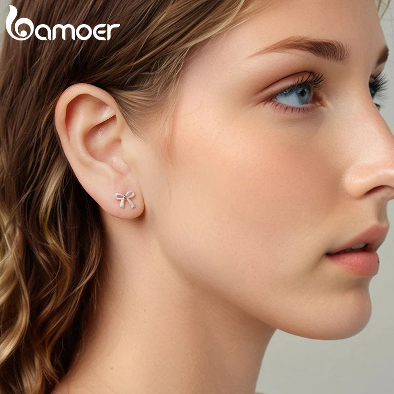 BAMOER 925 Sterling Silver Enamel Pink Bow Stud Earrings Cute Bowknot Earrings for Young Women Girl Sweet Jewelry Gift Lovely