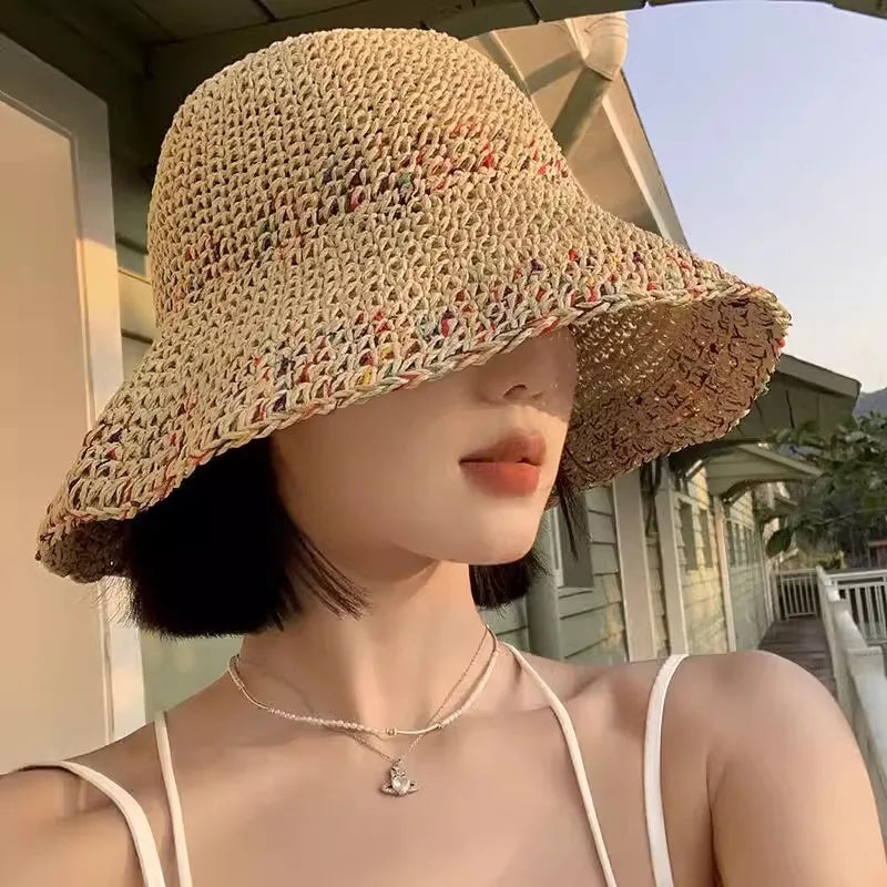 Rainbow woven women's sunscreen hat summer Japanese straw hat  protective fashion, breathable hollow beach sun hat