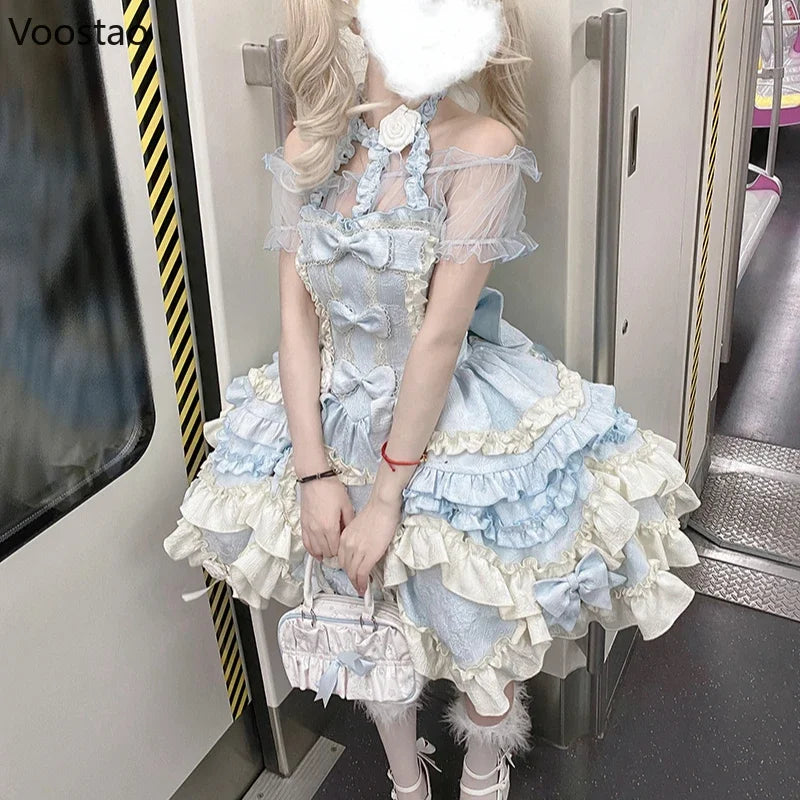 Victorian Sweet Cute Lolita Dress Women Kawaii Y2k Rose Bow Ruffles Party Mini Dresses Japanese Vintage Elegant Princess Dress