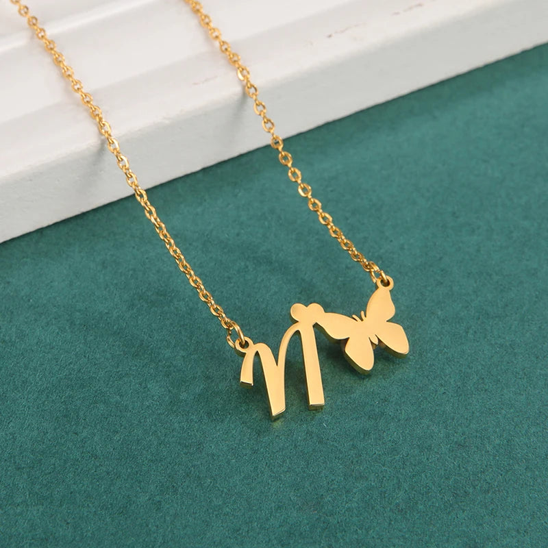 New Fashion 26 Initials Letter Pendant Butterfly Necklace for Women Elegant Stainless Steel Gold Color Necklace Jewelry Gift