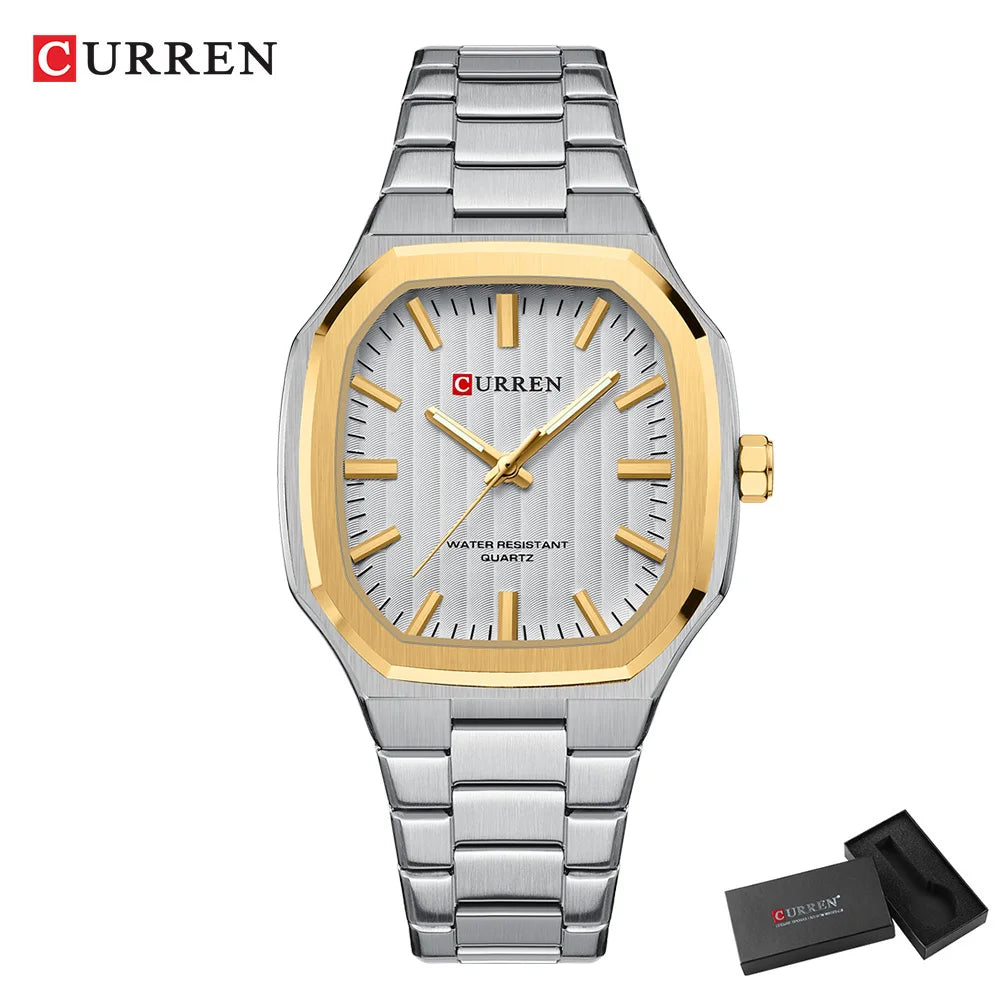 CURREN Luxury Business Square Quartz Watches  Classic Stripe Design Dial with Stainless Steel Band Wristwatch for Men