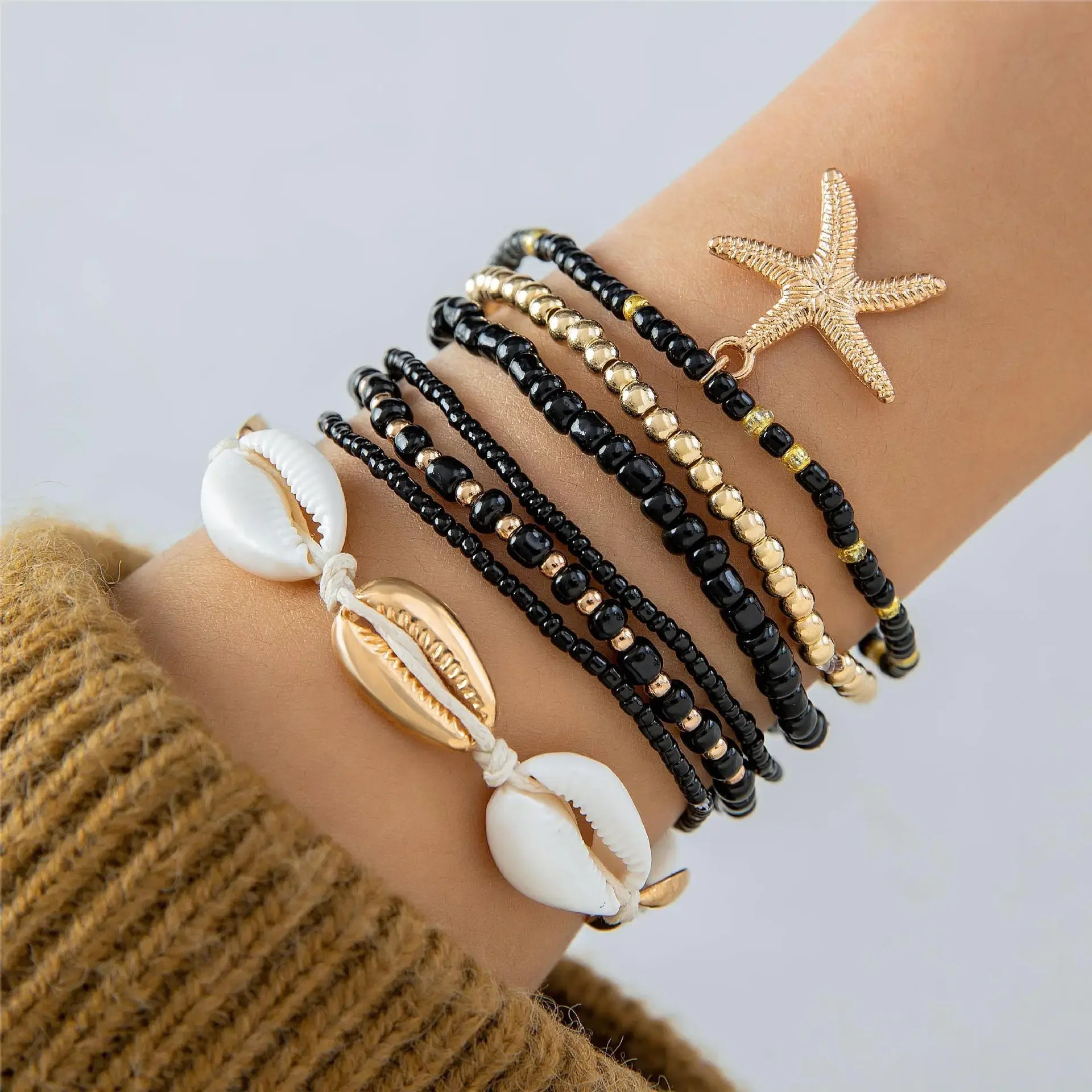 7Pcs Boho Summer Starfish Bracelet Set For Women Bohemian Shell Rice Beads Elastic Chain Bangle Girls Beach Jewelry Accessories