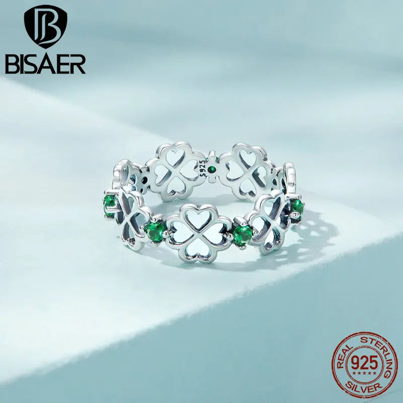 BISAER 925 Sterling Silver Four Leaf Clover Ring Hollowed Green Zircon Fine Jewelry For Engagement Party Women Gift ECR859