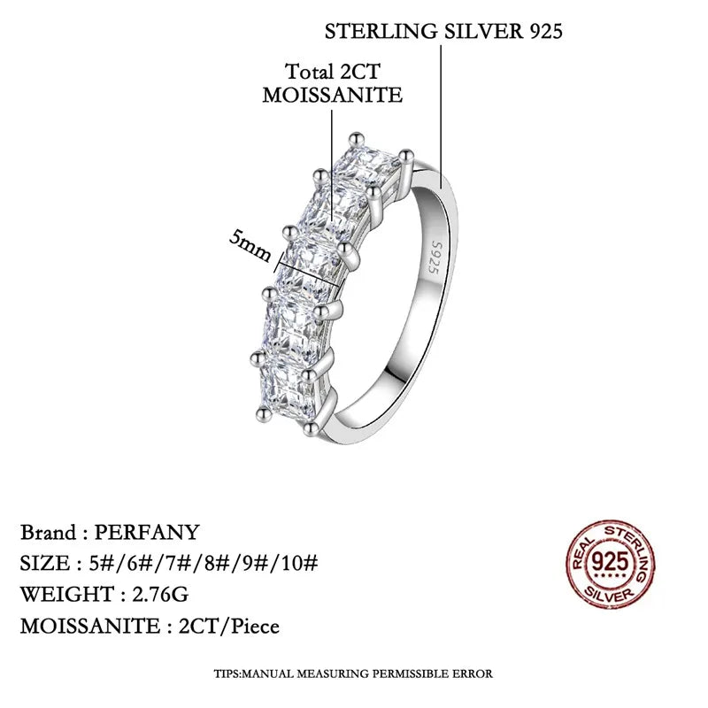 PERFANY 2CT Square Cut Moissanite Women's Ring S925 Pure Silver Sparkling Laboratory Diamond Wedding Fashion Jewelry