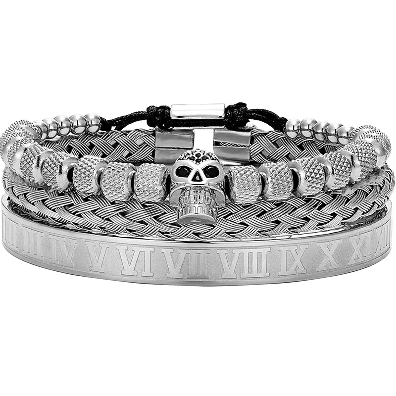 MKENDN Luxury 3pcs/Set Skull Charm Black Bracelet Stainless Steel Men Roman Number Bangles Europe Fashion Couple Jewelry