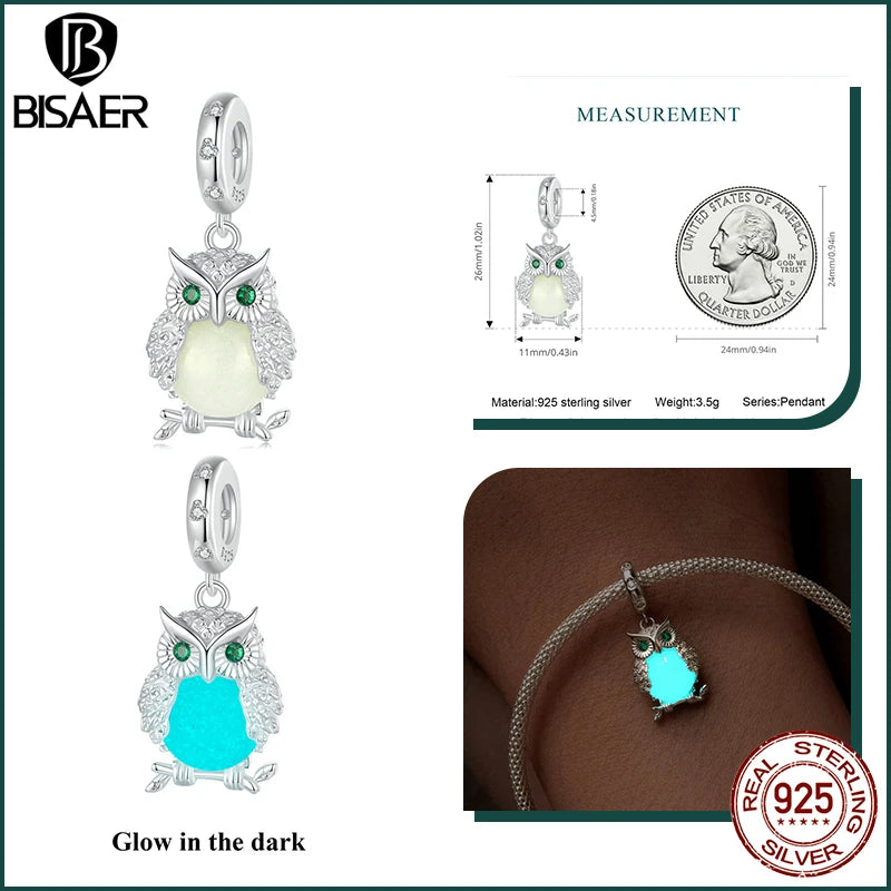 BISAER 925 Sterling Forever Luminous Star Wishing Bottle Charm Bead Moon Cat Owl Pendant Fit Women DIY Bracelet Fine Jewelry