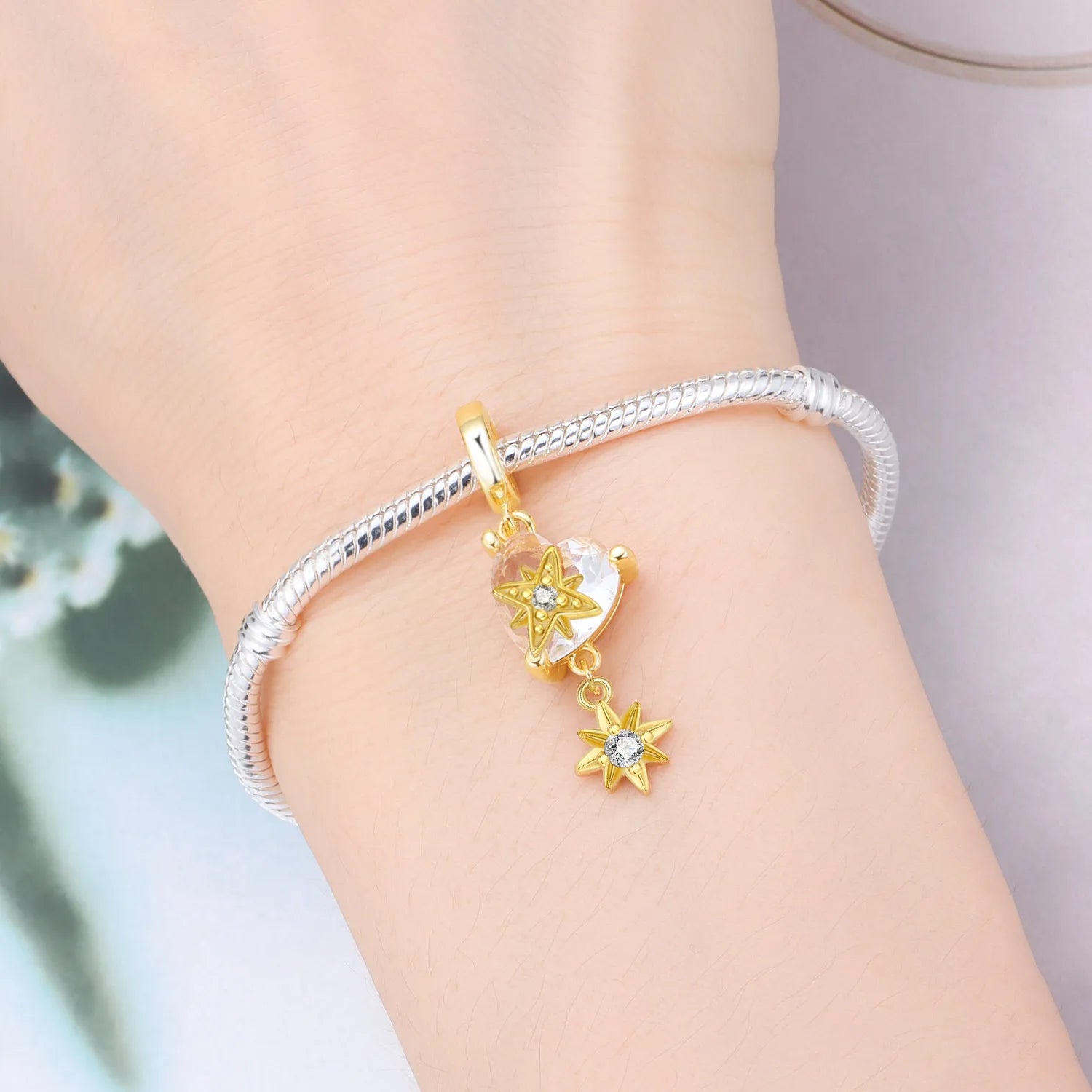 PANPOKI 925 Sterling Silver Heart Shaped Star Tassel Beads Original Pendants Bracelet Charm Jewelry Party DIY Trendy Gifts