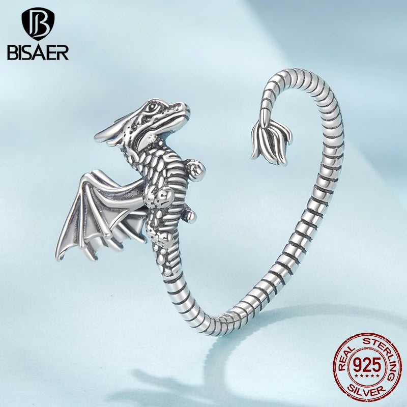 BISAER 925 Sterling Silver Flying Dragon Open Ring Retro Dragon Adjustable Size 5-9 Band for Women Party Original Fine Jewelry