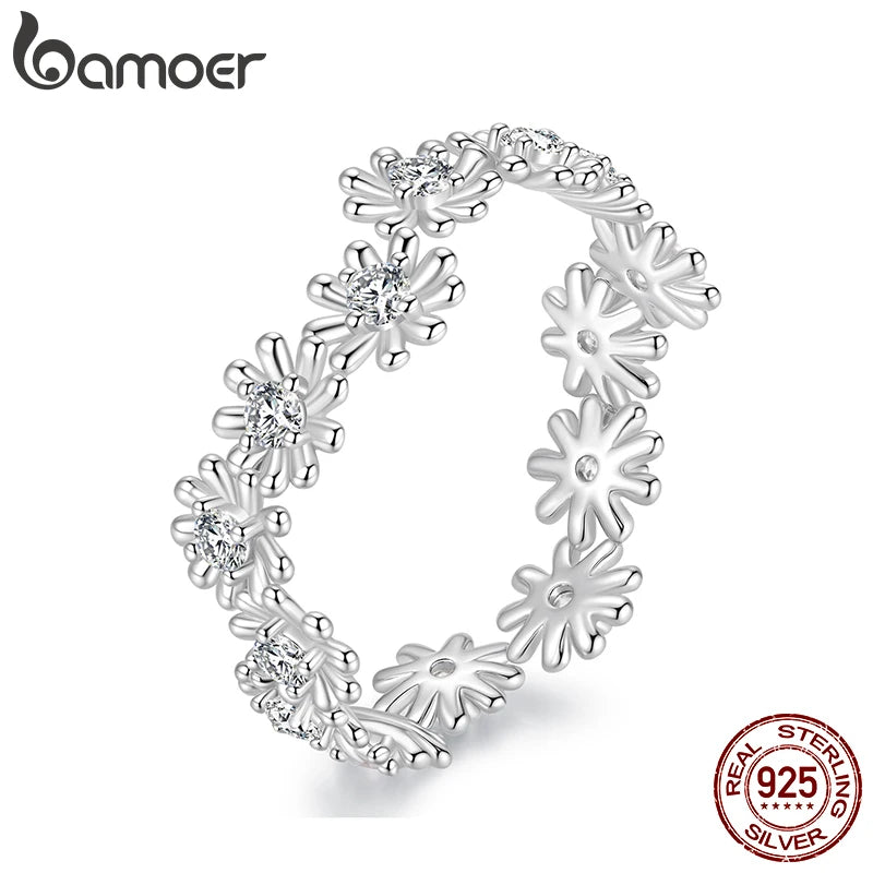 BAMOER Array Daisy Moissanite Ring Engagement Flower Band Ring for Women Teens Anniversary Purity Love Jewelry Round Cut VVS1