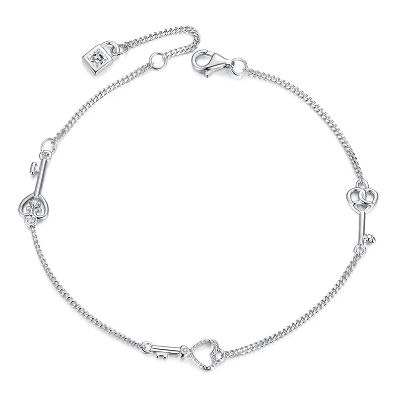 WOSTU 925 Sterling Silver Key Lock Charm Bracelet for Women With Zircon, Dainty Adjustable Hand Chain Jewelry for Romantic Gift