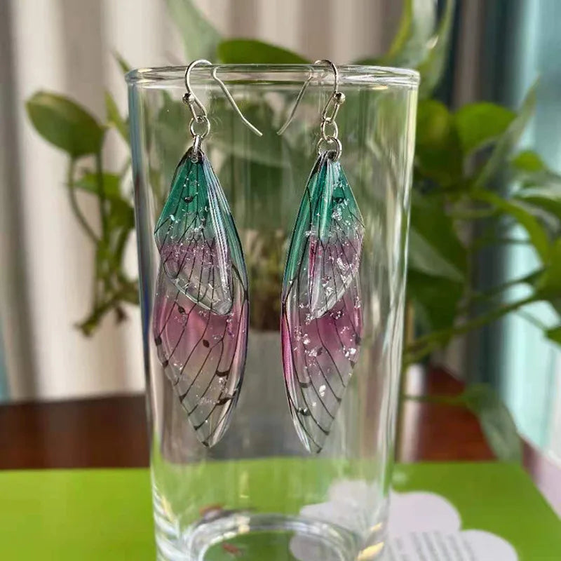 Minar Fairy Clear Gradient Resin Simulation Wings Butterfly Rhinestone Flake Long Dangle Earrings for Women Casual Party Jewelry