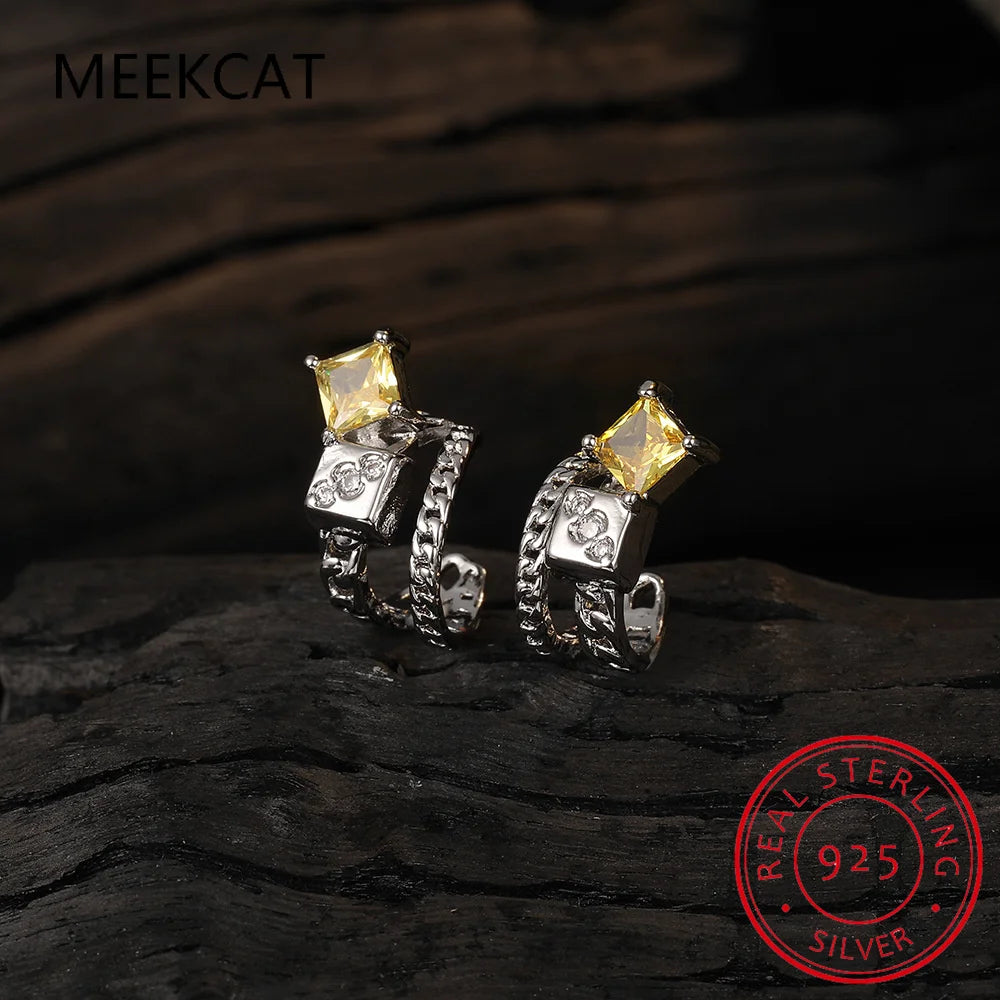 Boucle d'oreille à clip double couche carrée en argent sterling 925 avec citrine, pour femme et fille, sans piercing, bijou DS534