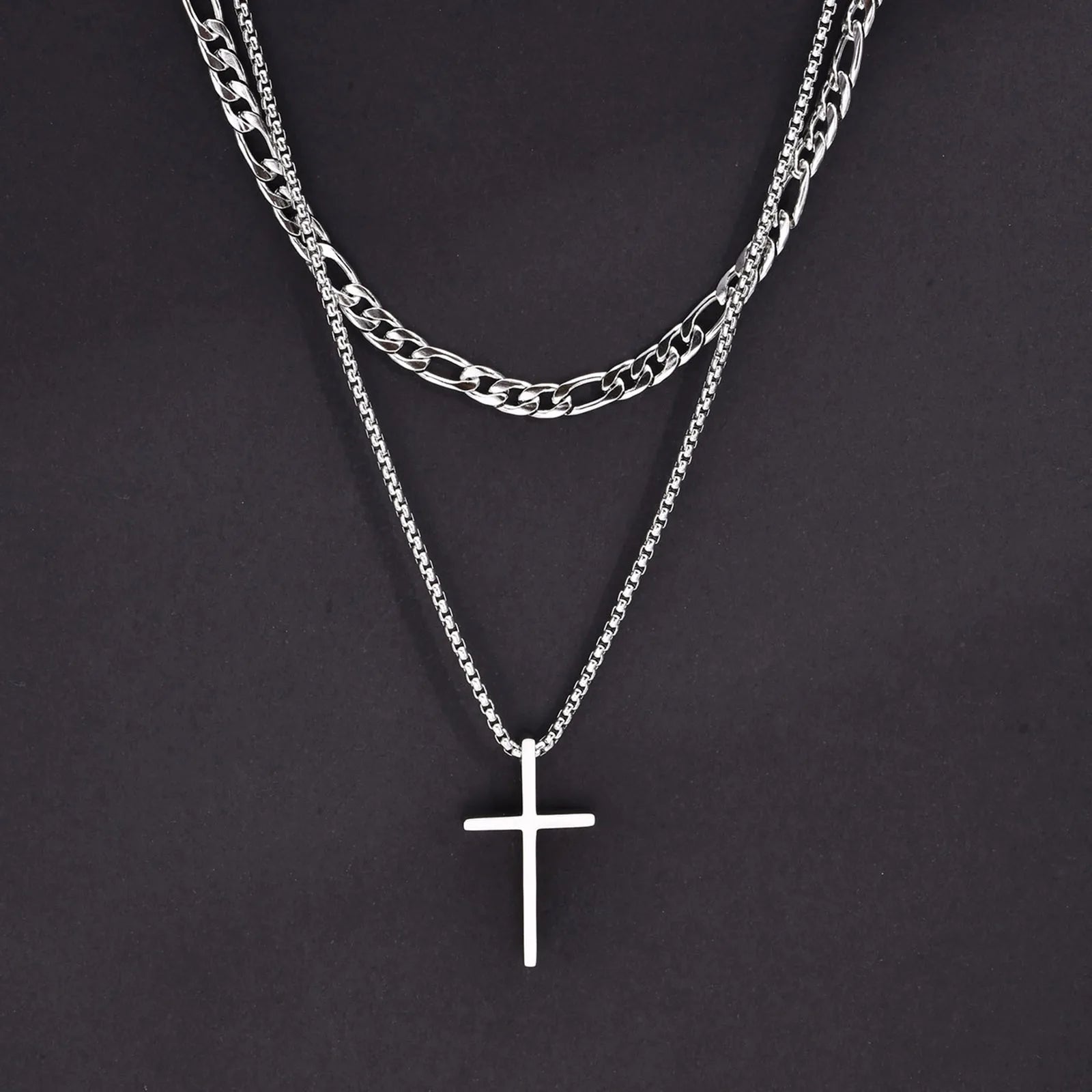 Vnox Mens Cross Necklaces, Stainless Steel Layered Plain Cross Pendant, Rope Box Chain Necklace, Simple Prayer Jesus Collar
