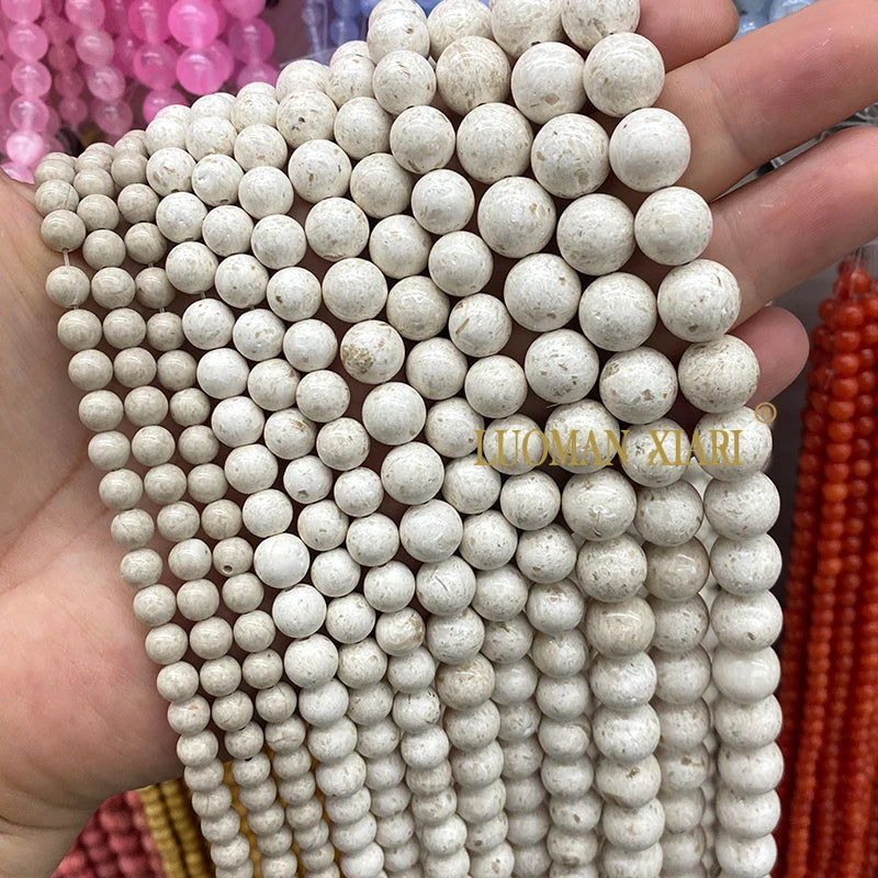 6/8/10/12MM Natural Stone Fossil White Round Loose Spacer Beads for Jewelry Making DIY Earrings Bracelet Charms Accessories 15''
