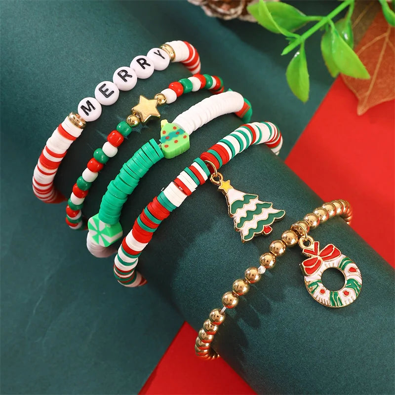 2-5 pcs Cute Christmas Series Bracelet Set For Women Men Santa Claus Snowman Snowflake Pendant Beads Bracelets Party Jewelry