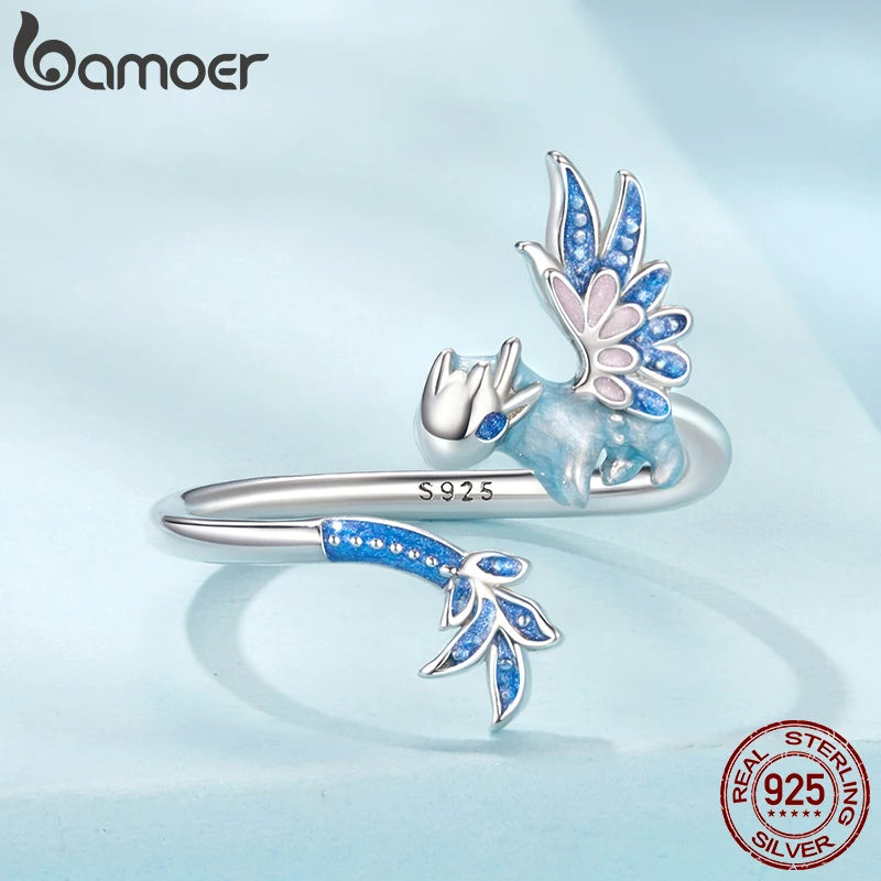 BAMOER 925 Sterling Silver Dragon Ring Adjustable Cute Animal Lover Jewelry Birthday Gifts for Women SCR1135-E