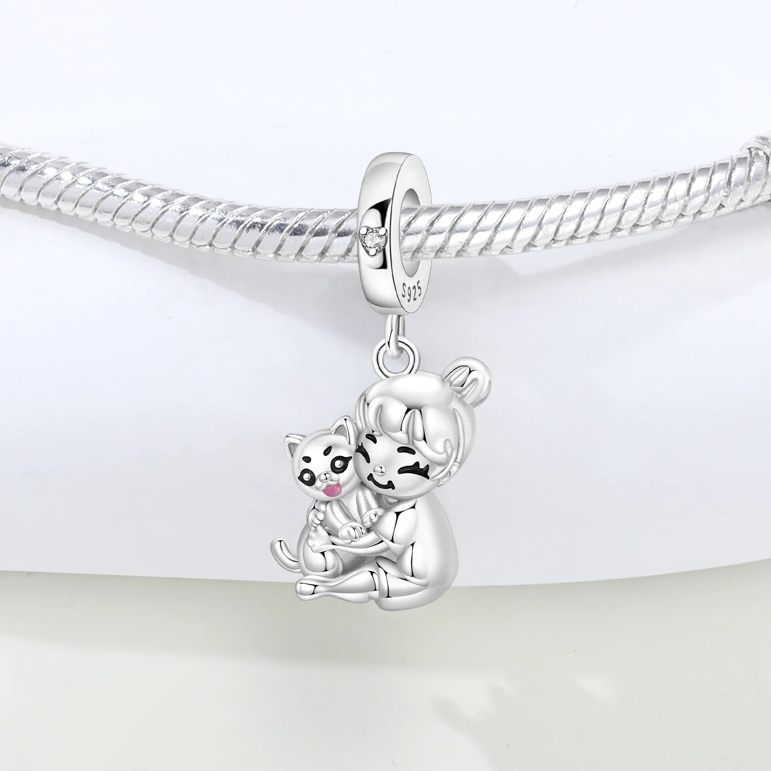 PANPOKI 925 Sterling Silver Cat Hug Animal Pet Beads Original Pendants Bracelet Charm Jewelry Party DIY Trendy Gifts