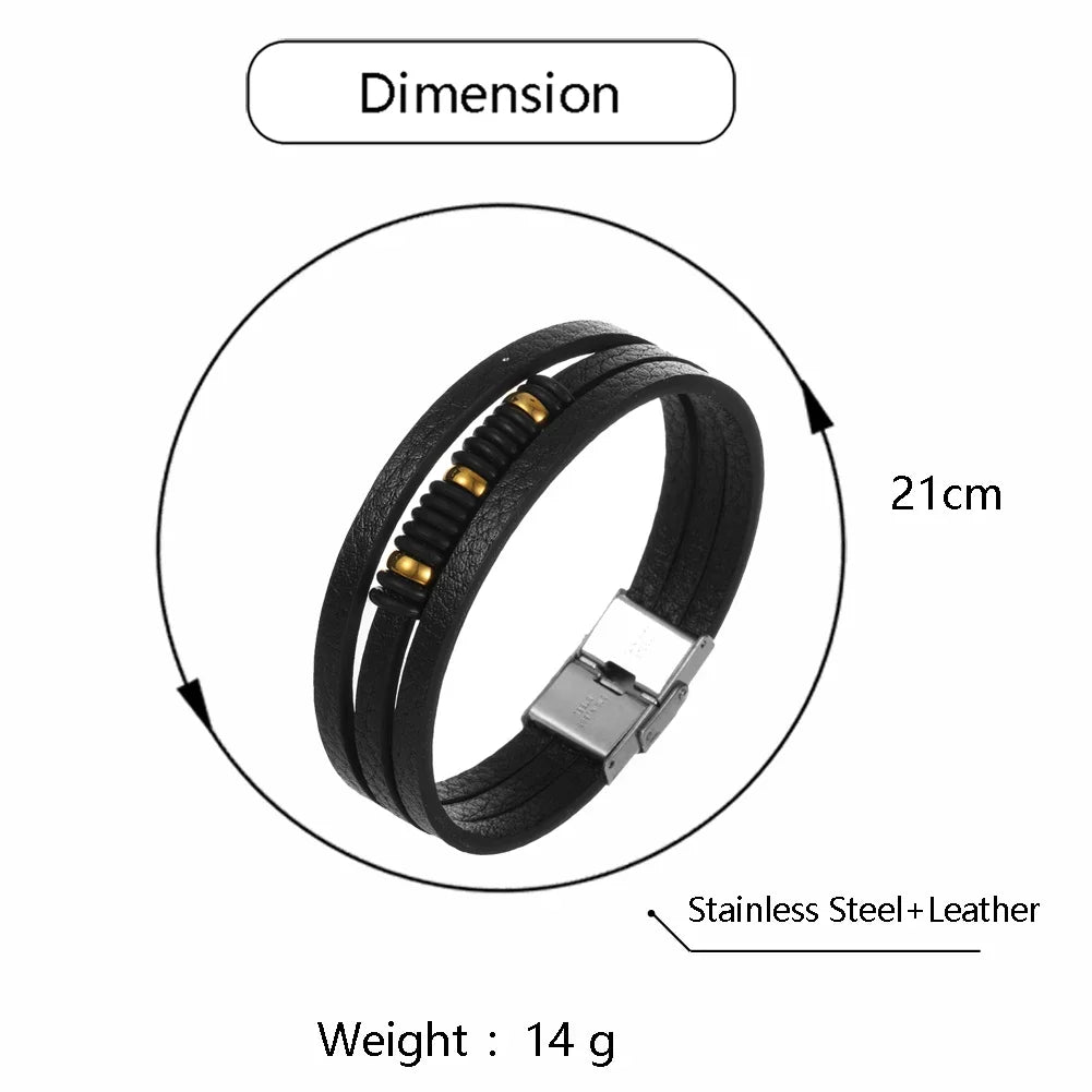 Charm Jewelry Stainless Steel Leather Beads Bracelet Men Vintage Cuff Leather Bracelet Pulsera Hombre