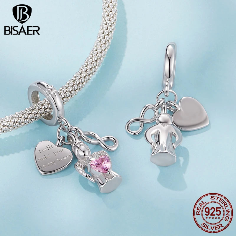 BISAER 925 Sterling Silver Guardian Angel Love Pendant Bible Sacred Heart Charm for Faith Men Women DIY Bracelet Fine Jewelry