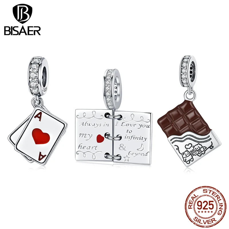 BISAER 925 Sterling Silver Love Letter-Silver Pendant Chocolate Red Heart- A Charm Women DIY Bracelet Fine Jewelry Accessories