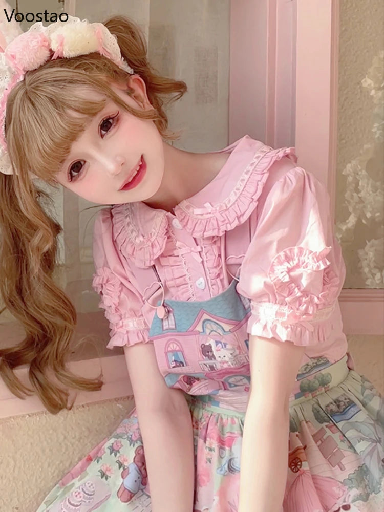 Japanese Sweet Lolita Blouses Women Kawaii Peter Pan Collar Puff Sleeve JK Cotton Shirts Girls Harajuku Cute Bow Blusas Mujer