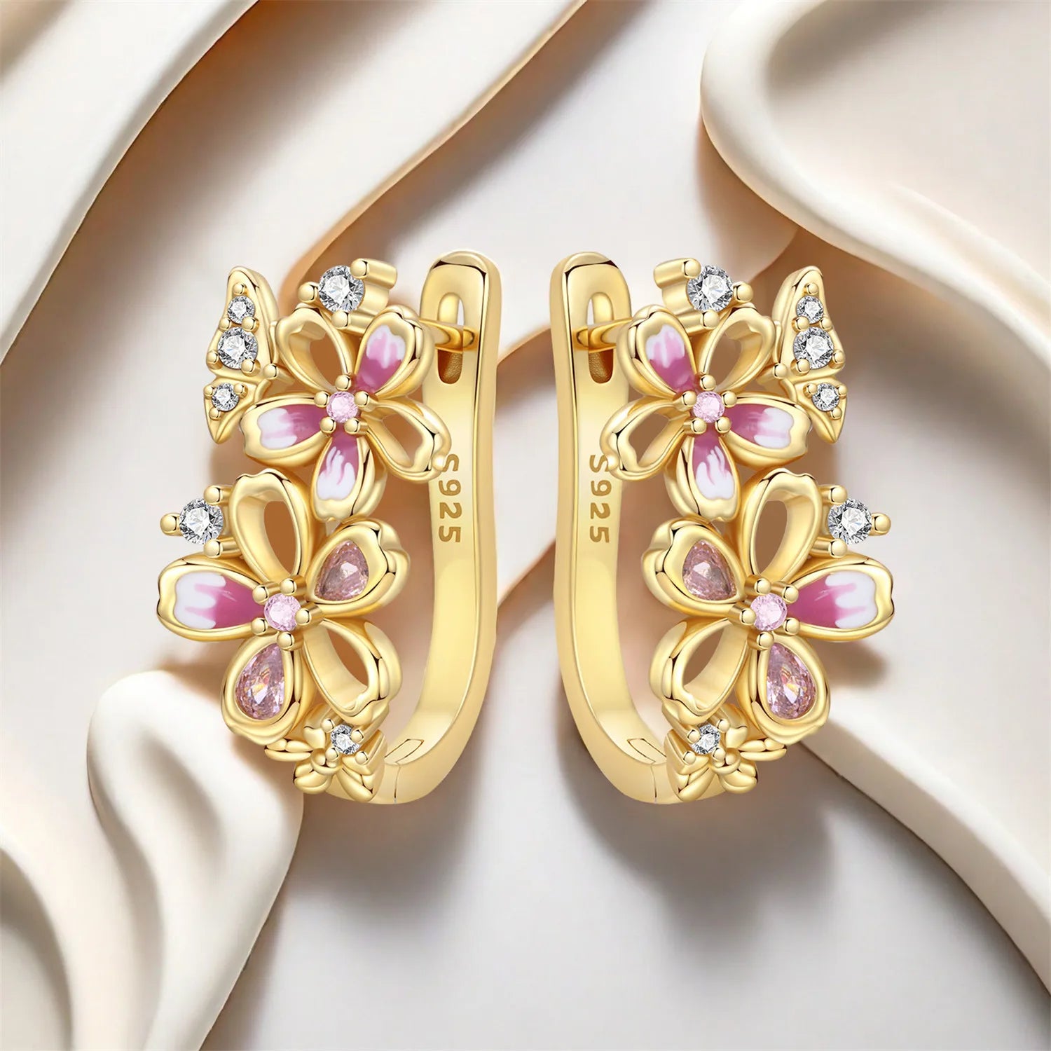 PANPOKI S925 Sterling Silver Golden Cherry Blossom Butterfly Earrings Hoop Earrings For Women Jewelry Original Party Gifts
