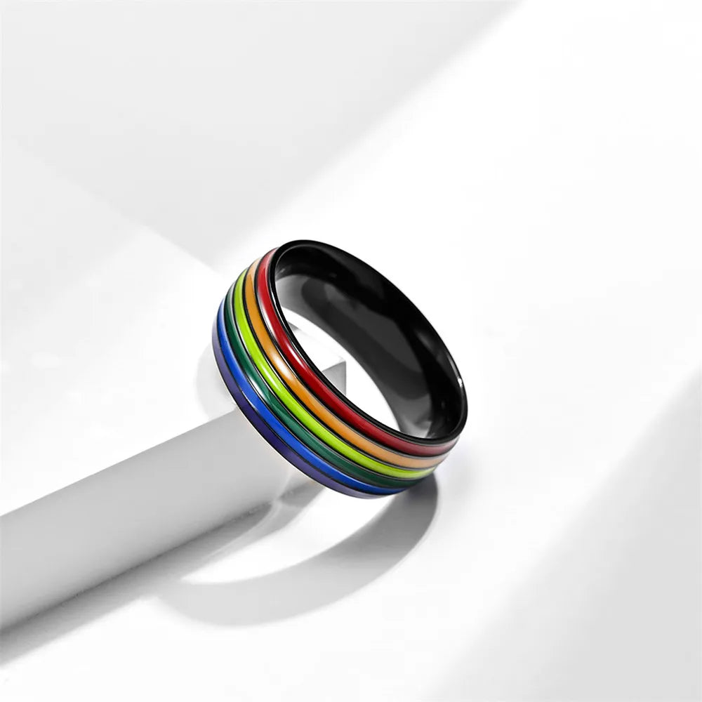 MKENDN Multicolor Men Women Rainbow Colorful LGBT Pulsera Ring Stainless Steel Wedding Band Lebian & Gay Rings Pride Gifts