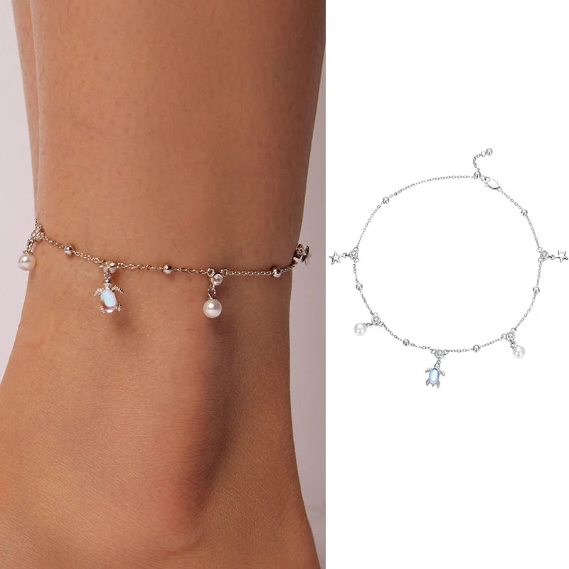 WOSTU 925 Sterling Silver Turtle Starfish Anklet Foot Jewelry for Women Pearl Zircon  Summer Beach Anklets Holiday Jewelry Gift