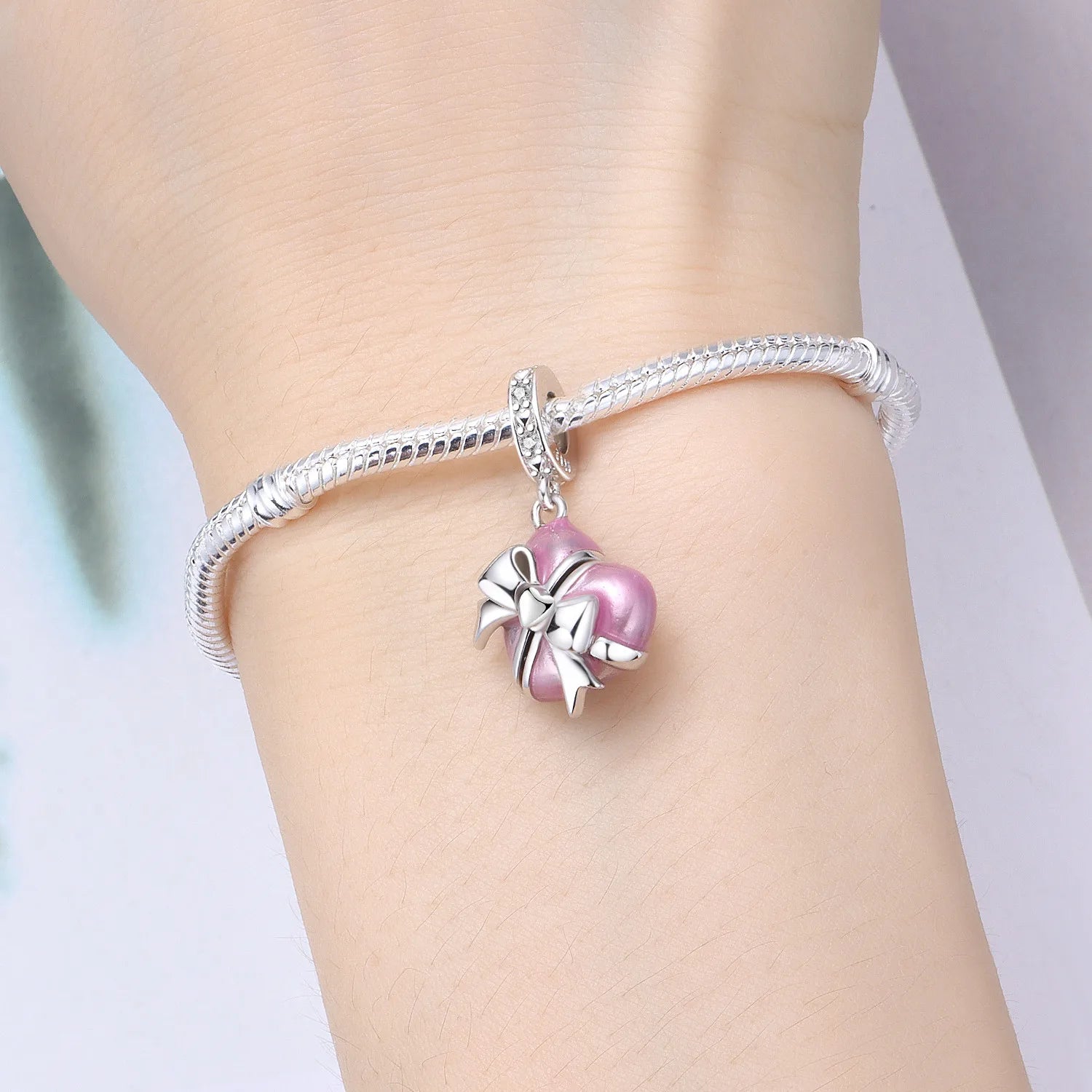 PANPOKI 925 Sterling Silver Pink Heart-shaped Gift Beads Original Pendant Bracelet Charm Jewelry Party DIY Trendy Gifts