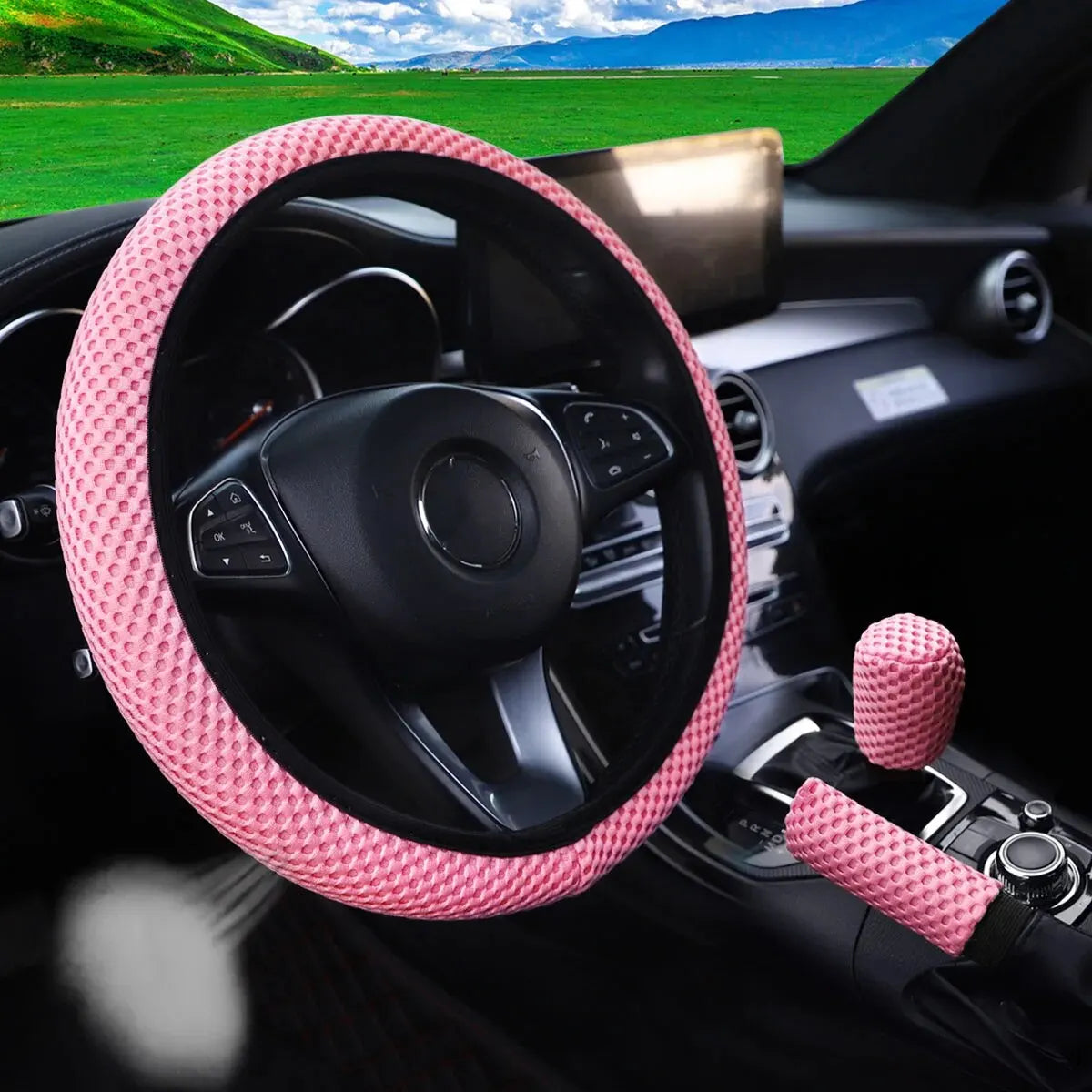 3-piece Massage Mesh Cloth Breathable Car without Inner Ring Steering Wheel Cover Handbrake Cover Handle Cover 14.5-15INCH - Madeinsea©