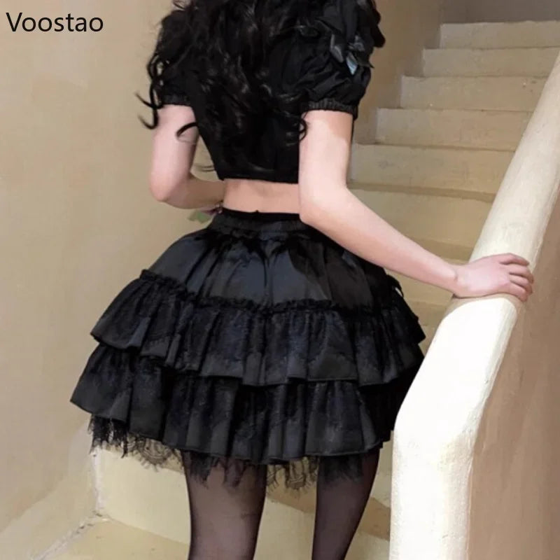 Women Y2k Sweet Lolita Skirts Fairy Grunge Black White Bow Lace Pleated Cake Mini Skirts Harajuku Japanese Gothic Party Skirts